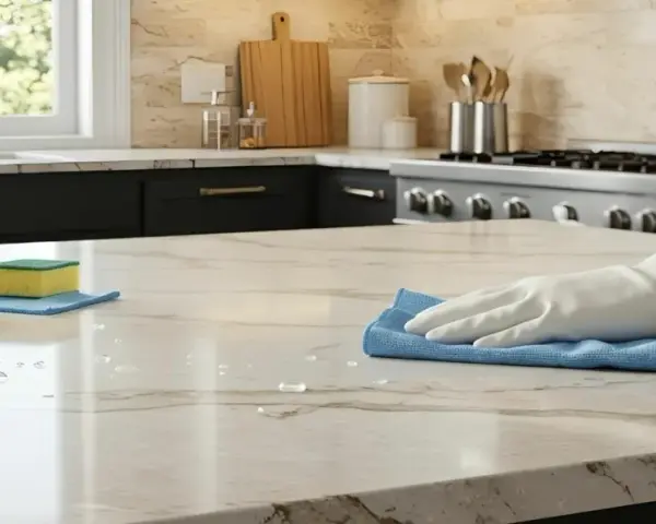 Main dans un gant blanc essuyant un comptoir en marbre avec un chiffon bleu. Des produits de nettoyage et des éponges sont visibles. Un bon traitement pierre pour une cuisine éclatante.