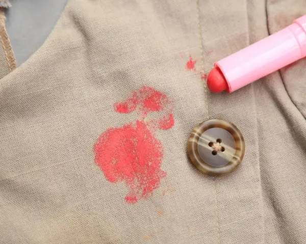 Rouge à lèvres sur polyester : une tache rouge vif sur un tissu beige, à côté d'un bouton marron et du tube de rouge à lèvres rose. Comment enlever cette tache ?