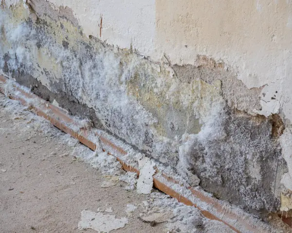 Mur dégradé par l'humidité, avec des efflorescences de salpêtre sur le carrelage et le mur.