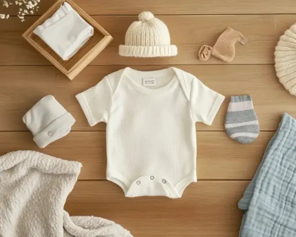 Ensemble de vêtements pour bébé : body, bonnets, chaussettes et couverture. Prêt pour le laver linge bébé.
