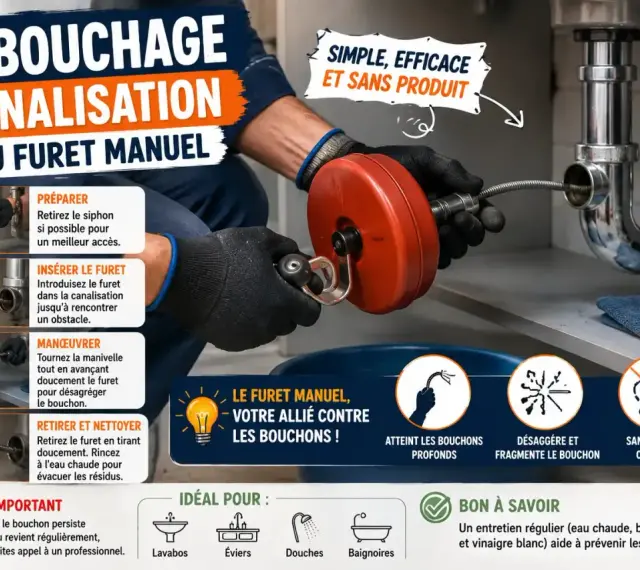 Un homme utilise un furet manuel pour déboucher une canalisation sous un évier. L'image montre les étapes pour un débouchage efficace.