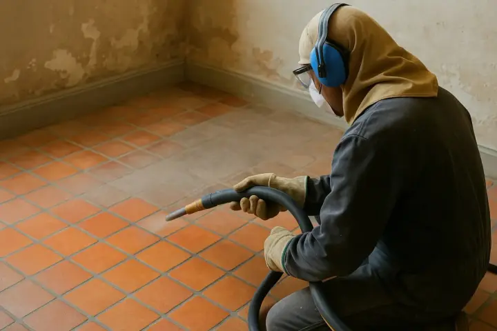 Un ouvrier protégé utilise un appareil pour décaper un carrelage ancien. La poussière s'élève, révélant la beauté sous-jacente.