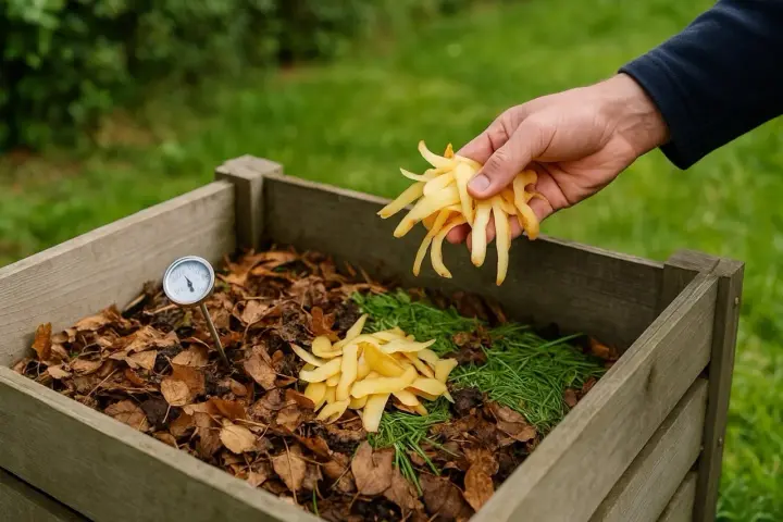 Une main ajoute des épluchures de pomme de terre dans un composteur en bois, à côté d'un thermomètre.