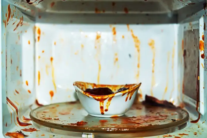 Intérieur d'un micro-ondes très sale, couvert de projections de sauce tomate. Un bol renversé laisse couler le reste du contenu. Il est temps de nettoyer ce micro-ondes !
