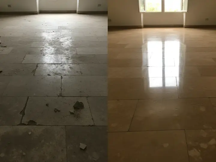 Avant/après : comment enlever le lichen sur les pierres. Le sol en pierre est transformé, passant d'un état sale et abîmé à une surface propre et brillante.