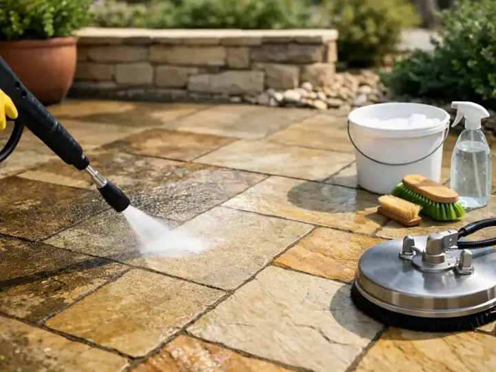 Nettoyer une terrasse en pierre très sale avec un nettoyeur haute pression et des brosses. Un seau et un spray sont prêts pour le nettoyage.