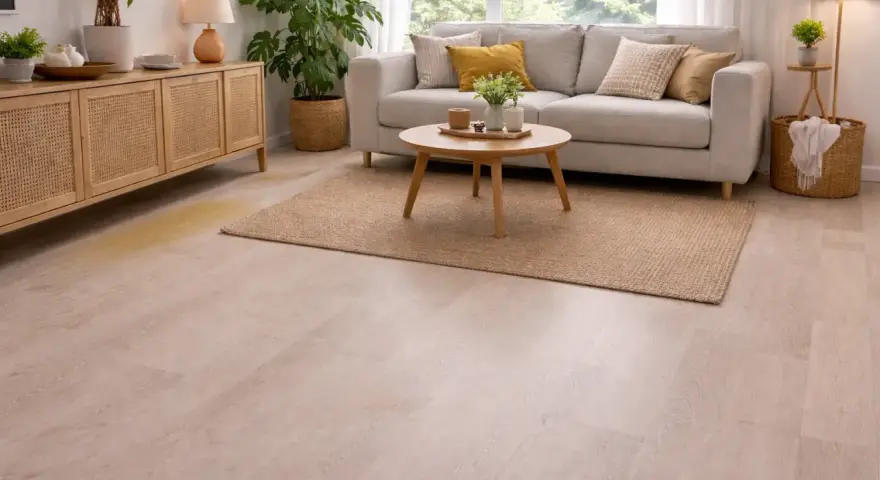 Un salon moderne avec un canapé gris, une table basse en bois et un tapis. Une tache jaune sur le lino, près d'un buffet en rotin, semble tenace.