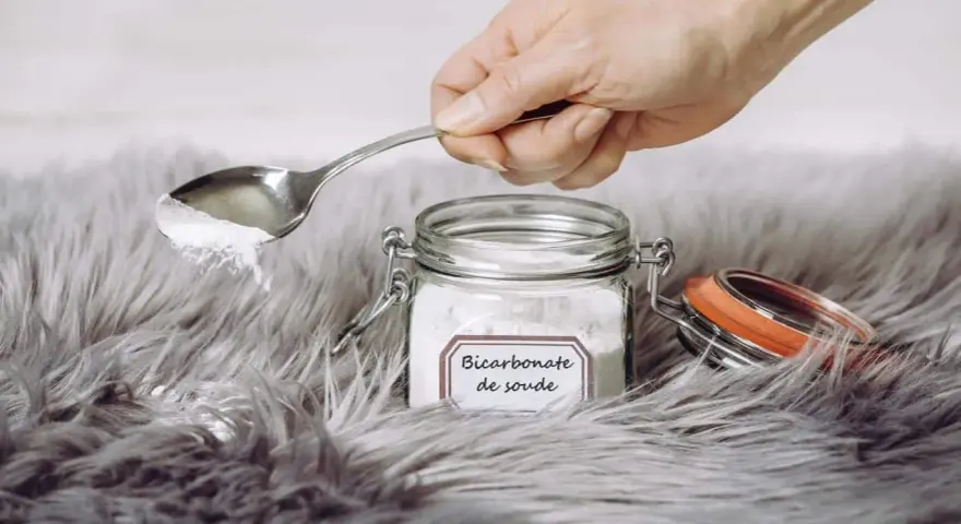 Une main tient une cuillère de bicarbonate de soude au-dessus d'un tapis moelleux. Le bicarbonate de soude est un produit naturel et polyvalent pour le nettoyage.