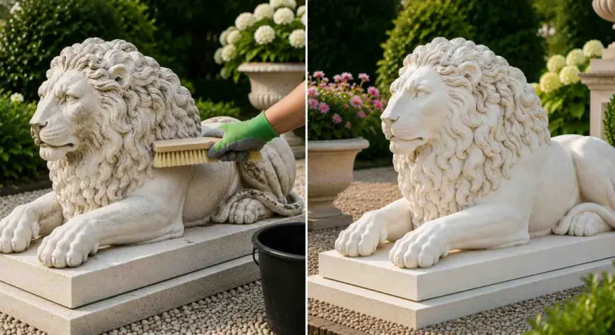 Comment nettoyer une statue de jardin en pierre : une main gantée brosse la crinière d'un lion en pierre. À côté, le lion est propre et resplendissant.