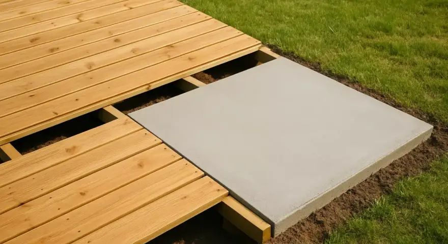 Une dalle béton est posée à côté d'une terrasse en bois. Peut-on couler une dalle béton sur une ancienne dalle ?