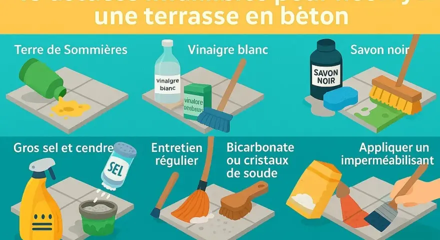 Astuces pour enlever le vert sur terrasse béton : terre de Sommières, vinaigre blanc, savon noir, gros sel, entretien régulier, bicarbonate, imperméabilisant.