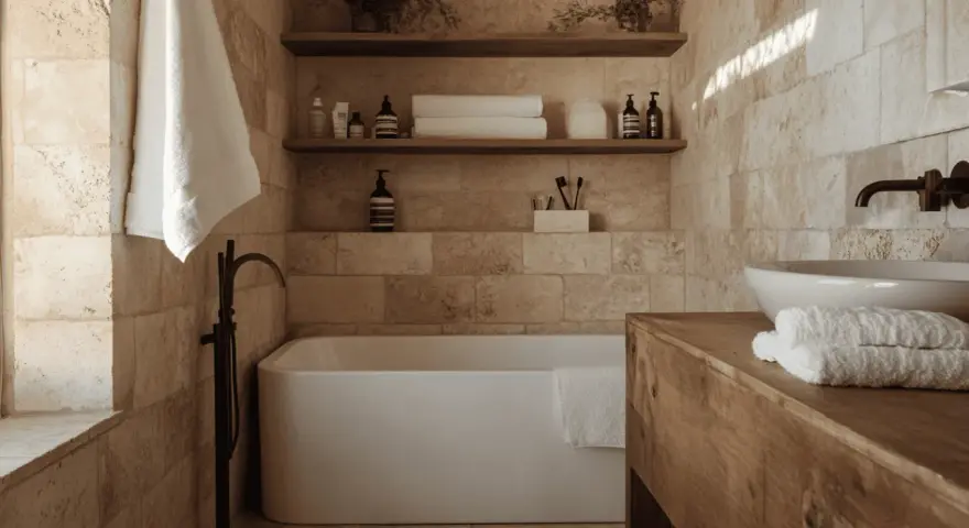 Salle de bain en travertin, baignoire îlot, lavabo sur meuble bois. Avis sur l'entretien travertin : facile et durable.