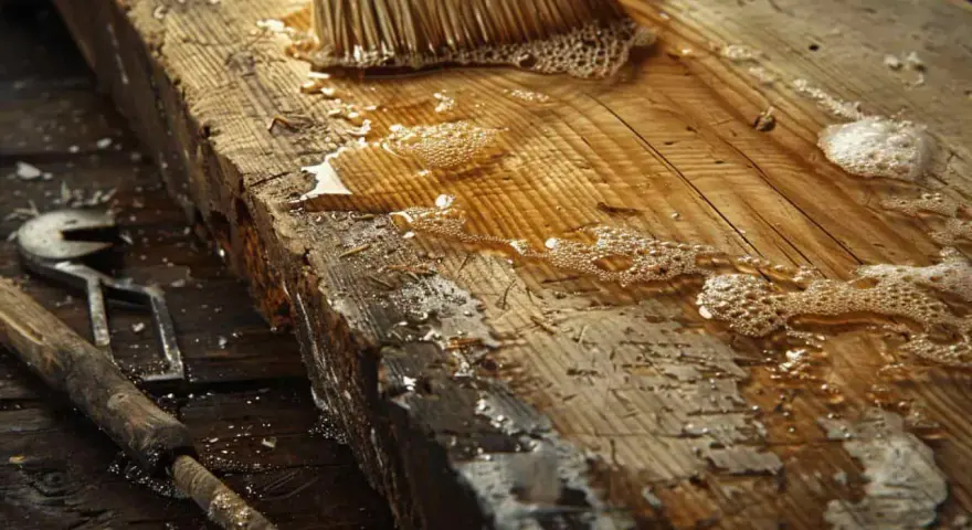 Un pinceau applique un mélange d'huile de lin et d'essence de térébenthine sur une planche de bois brute, près d'une vieille pierre.