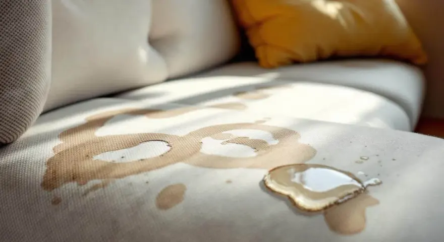 Une tache auréole sur le tissu d'un canapé beige, avec une flaque de liquide brun clair.