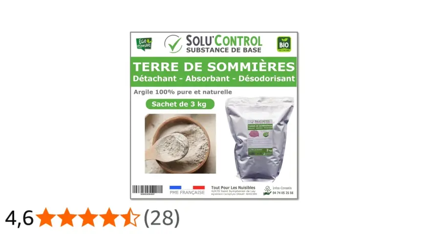 Terre de Sommières 3kg, absorbant naturel pour neutraliser les odeurs, y compris l'urine de chat. Idéal pour un nettoyage écologique.