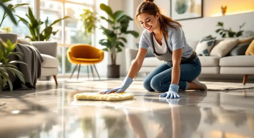 Une femme souriante, agenouillée, utilise une éponge jaune pour faire briller un lino terne dans un salon lumineux.