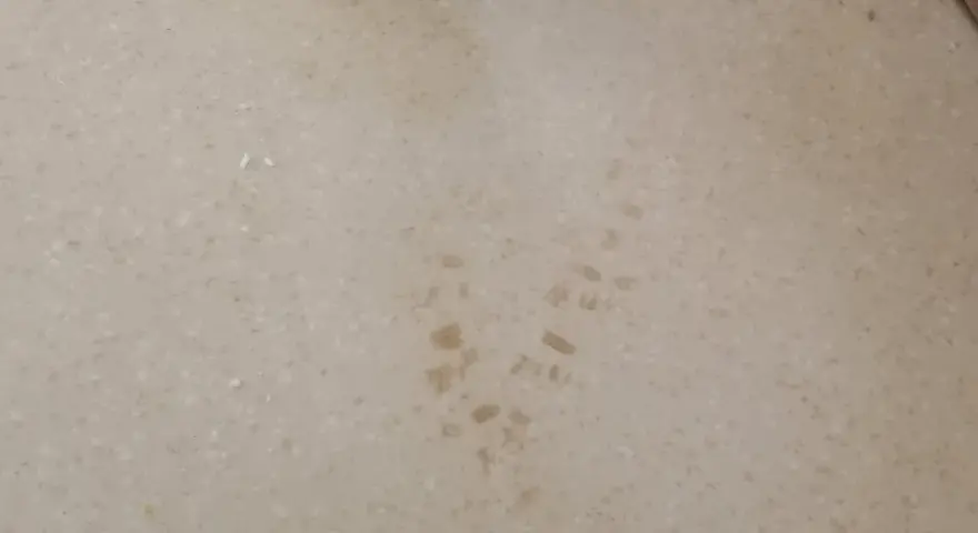 Une trace de lino tache incrustée sur le sol.