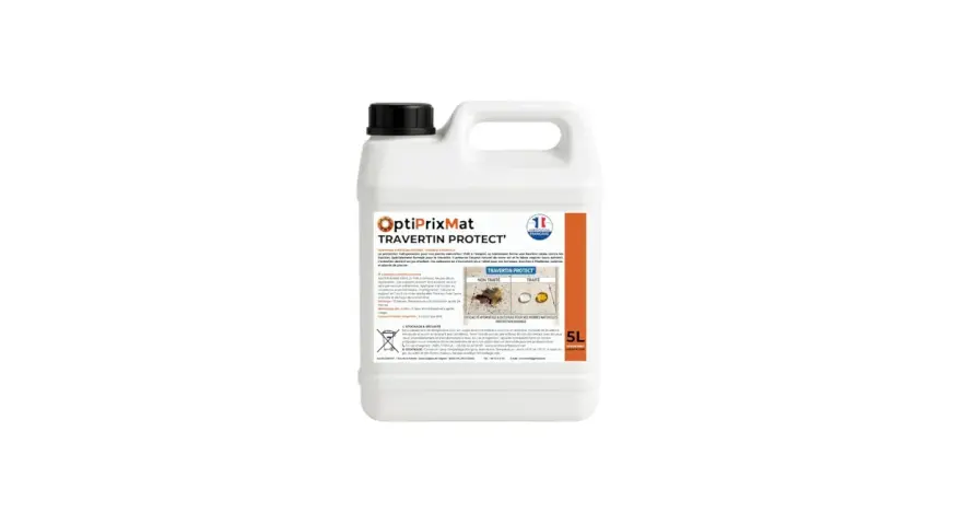 Bidon de 5L de Travertin Protect, un produit qui illustre la différence entre hydrofuge et oléofuge pour protéger vos pierres.