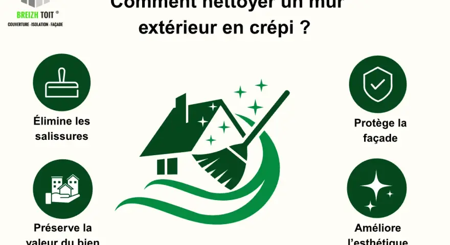Nettoyer un mur extérieur en crépi pour enlever le vert et les salissures. L'image montre une maison propre, protégée et esthétique.