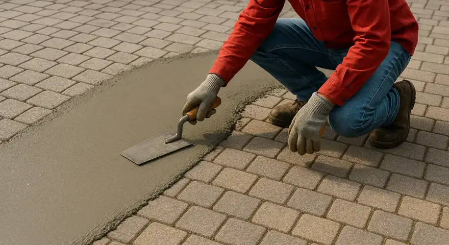 Un ouvrier utilise une truelle pour lisser du mortier sur des pavés autobloquants, préparant le terrain pour une nouvelle finition.