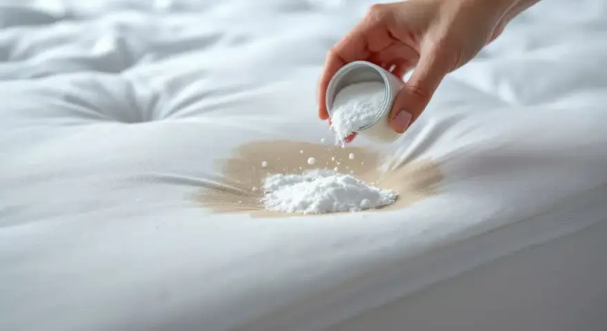 Main blanche, une main verse une poudre blanche sur une tache sur un matelas. Aide à nettoyer matelas pipi.