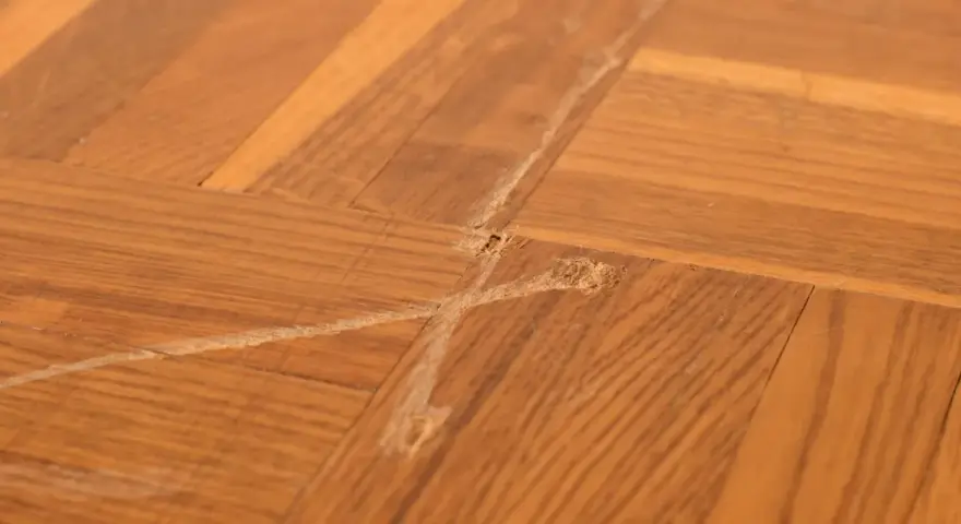 Parquet vitrifié abîmé par des frottements, montrant des marques et des éclats de bois. Comment enlever trace de frottement sur parquet vitrifié.