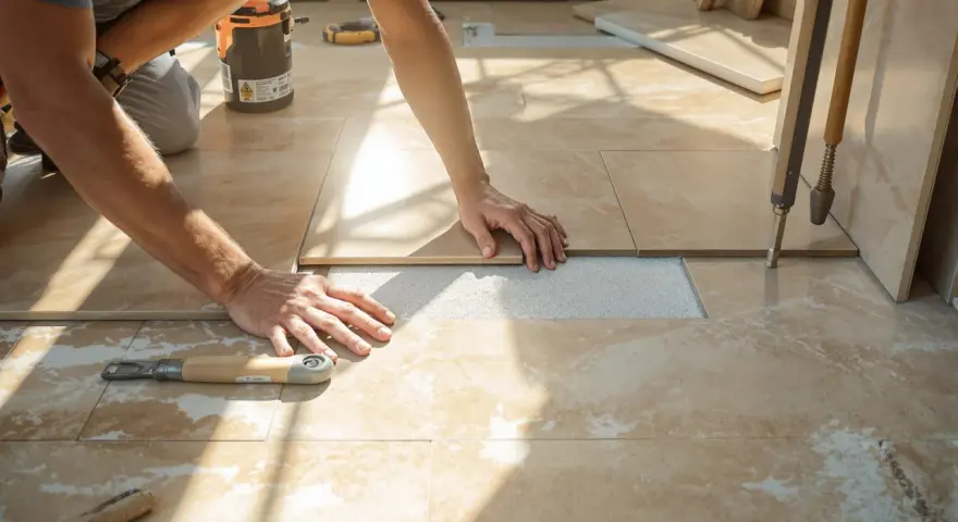 Pose d'un carrelage imitation travertin. Mains ajustant une dalle sur le lit de mortier. Outil de carreleur à proximité.