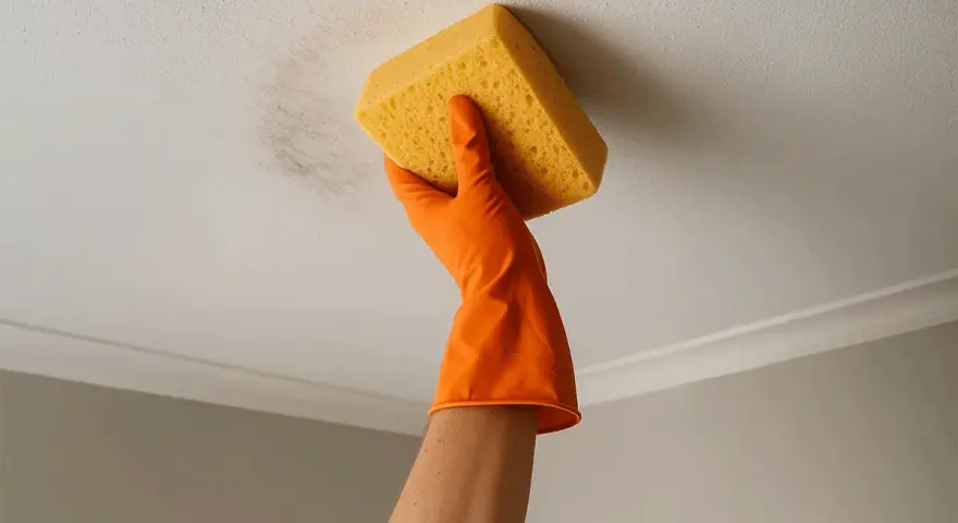 Main tenant nettoie le plafond taché avec une éponge jaune. Le sol sale n'est plus un problème.