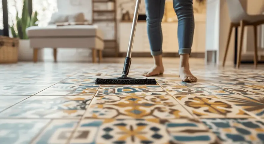 Une personne nettoie des carreaux de ciment anciens avec une brosse.