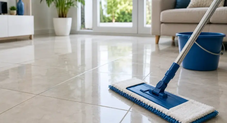 Un balai bleu et blanc est prêt à laver le carrelage sans trace. Un seau bleu est à proximité.
