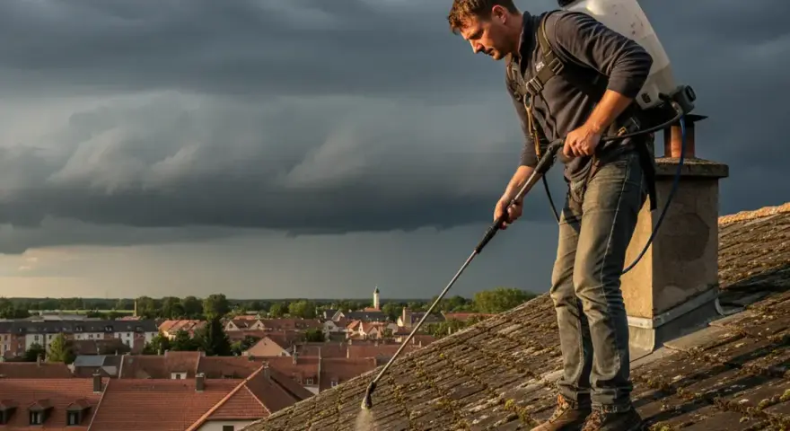 Un homme traite un toit couvert de mousse, sous un ciel orageux. Il se demande combien de temps avant pluie son anti-mousse sera efficace.
