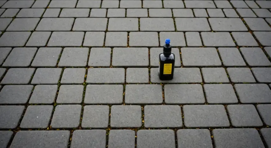 Bouteille de vinaigre blanc sur des pavés autobloquants gris, prête pour un nettoyage écologique.