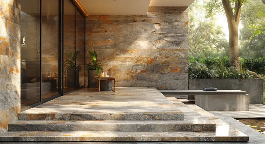 Escalier en pose travertin sur dalle béton, menant à une terrasse moderne avec mur en pierre naturelle et végétation luxuriante.