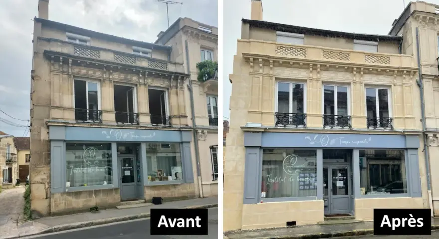 Avant/Après : un mur en pierre intérieur noirci a été nettoyé, révélant sa beauté naturelle.