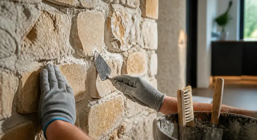 Application de mortier pour comment restaurer la pierre de tuffeau. Une main gantée tient une truelle, l'autre maintient la pierre.