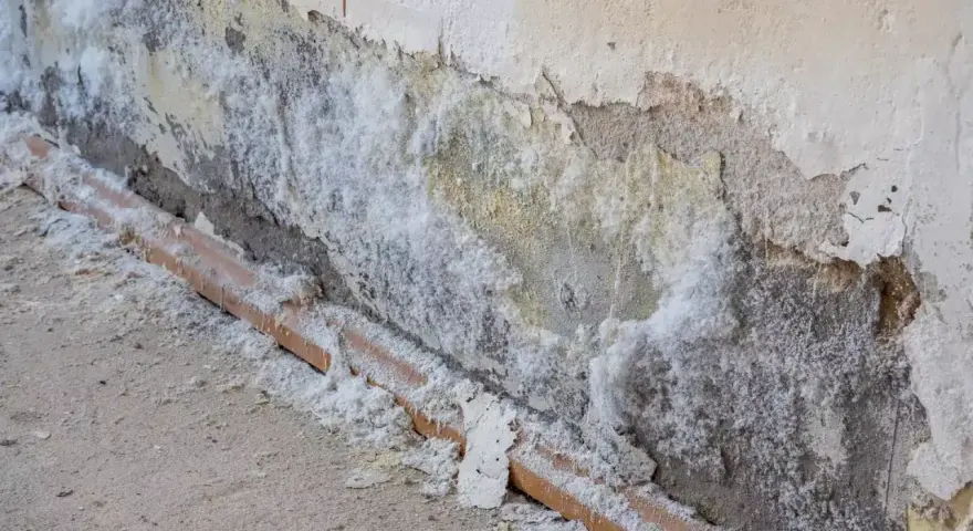 Mur dégradé par l'humidité, recouvert de salpêtre blanc. Une canalisation en terre cuite est visible à la base. Il faut nettoyer ce salpêtre.
