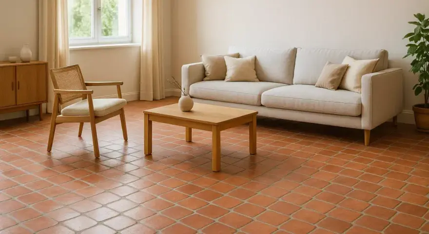 Un salon cosy avec un canapé clair, un fauteuil en rotin et un sol en **sol tomette ancienne** réchauffant l'atmosphère.