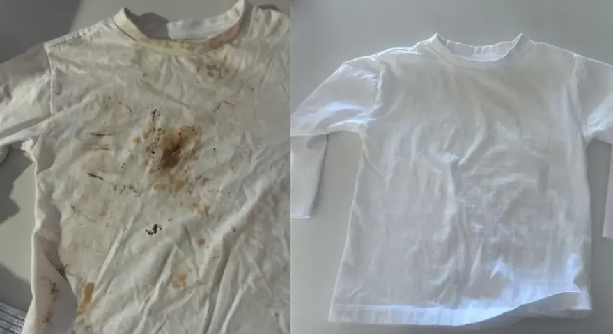 Avant/après : une chemise blanche tachée de terre et de nourriture, puis parfaitement propre. Une démonstration de comment enlever tache sur chemise blanche.