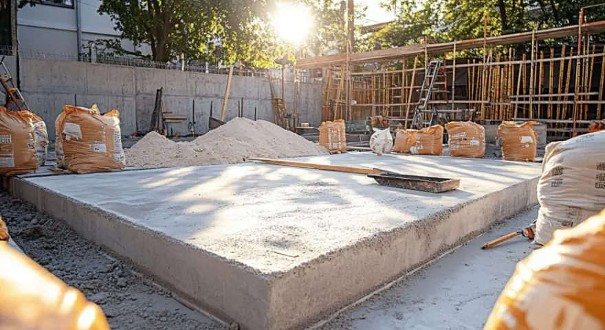 Préparation pour rénover une terrasse en dalle béton : sacs de ciment, sable et une dalle fraîchement coulée sous le soleil.