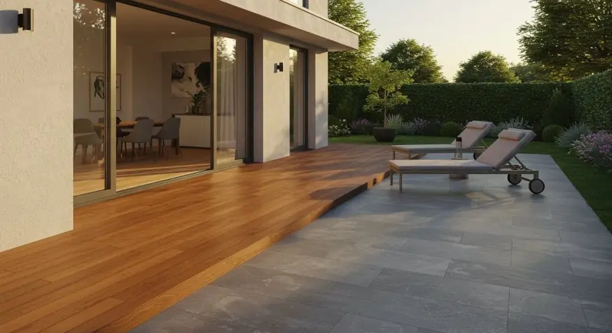 Une terrasse en ardoise naturelle grise, adjacente à une terrasse en bois, avec des chaises longues et un jardin luxuriant.