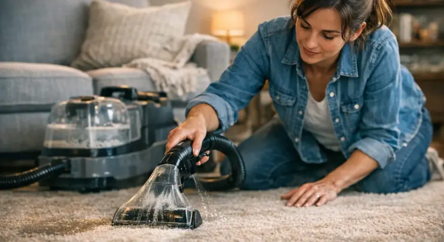 Femme à genoux, utilisant un appareil pour shampouiner tapis. La machine projette de l'eau et aspire la saleté pour un nettoyage en profondeur.