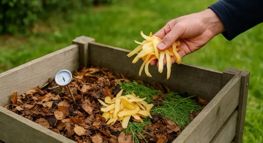 Une main ajoute des épluchures de pomme de terre dans un composteur en bois, à côté d'un thermomètre.