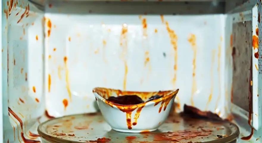 Intérieur d'un micro-ondes très sale, couvert de projections de sauce tomate. Un bol renversé laisse couler le reste du contenu. Il est temps de nettoyer ce micro-ondes !