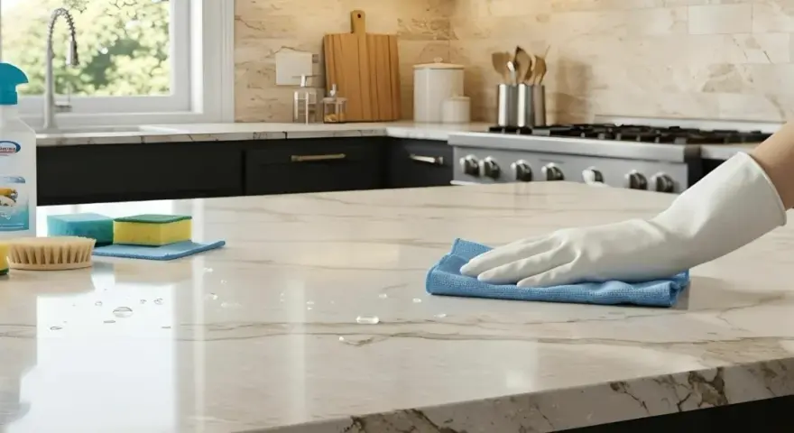 Main dans un gant blanc essuyant un comptoir en marbre avec un chiffon bleu. Des produits de nettoyage et des éponges sont visibles. Un bon traitement pierre pour une cuisine éclatante.
