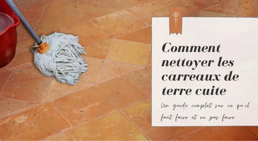 Un seau rouge et une serpillère sur des carreaux de terre cuite, prêts pour le traitement.