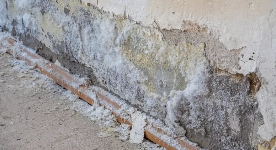 Mur dégradé par l'humidité, avec des efflorescences de salpêtre sur le carrelage et le mur.