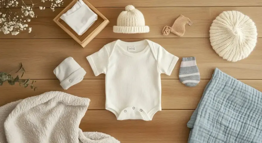Ensemble de vêtements pour bébé : body, bonnets, chaussettes et couverture. Prêt pour le laver linge bébé.