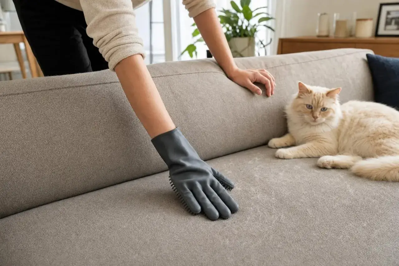 Gant pour enlever les poils de chat sur un canap&eacute;. Un chat blanc est allong&eacute; &agrave; c&ocirc;t&eacute;.