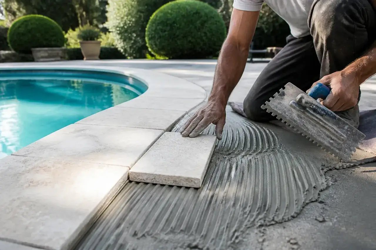Pose d'une margelle de piscine. Un ouvrier pose des carreaux sur du mortier frais, pr&egrave;s de l'eau bleue.