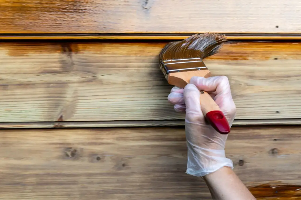 Application d'un saturateur pour un traitement m&eacute;l&egrave;ze ext&eacute;rieur. La brosse d&eacute;pose une couche protectrice sur le bois.